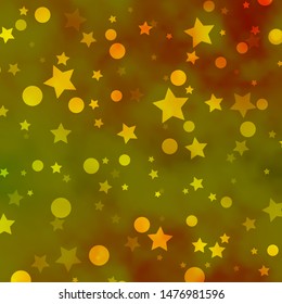 Light Green, Yellow vector backdrop with circles, stars. Illustration with set of colorful abstract spheres, stars. Design for textile, fabric, wallpapers.