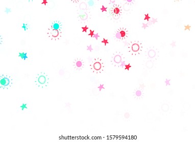 Light Green, Yellow vector backdrop with bright stars, suns. Stars, suns on blurred abstract background with gradient. Pattern for futuristic ad, booklets.