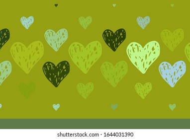Light Green, Yellow vector backdrop with sweet hearts. Shining illustration with hearts on abstract template. Pattern for valentine's ad, booklets.
