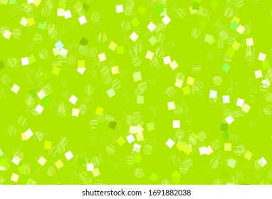 Verde claro, fondo vectorial amarillo con líneas, círculos, rhombus. Ilustración de degradado abstracta con círculos, triángulos, cubos. Mejor diseño para afiche, pancarta.