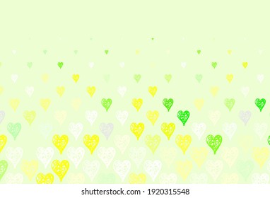 Verde claro, fondo vectorial amarillo con corazones dulces. Ilustración con formas de corazones gradientes sobre fondo borroso. Patrón del anuncio de San Valentín, folletos.