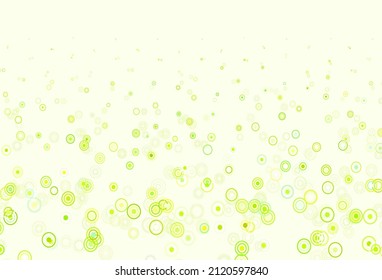 Verde claro, fondo vectorial amarillo con puntos. Hermosa ilustración de color con círculos borrosos en estilo natural. Patrón para anuncios futuristas, folletos.