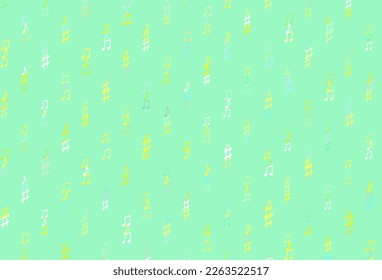 Verde claro, fondo vectorial amarillo con notas musicales. Ilustración brillante de notas musicales de gradiente colorido. Patrón de los folletos del festival.