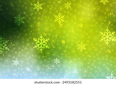 Light Green, Yellow vector backdrop in holiday style. Illustration with gradient Christmas balls, snowflakes. Best design for a college poster, banner.