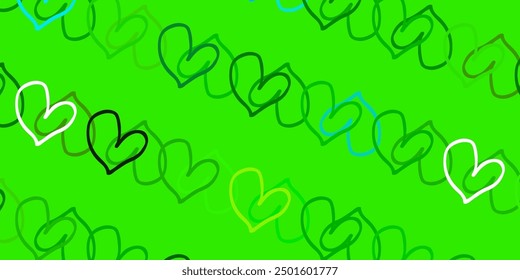 Verde claro, fondo de Vector amarillo con corazones dulces. Ilustración decorativa brillante con corazones en Plantilla abstracta. Diseño para anuncio, cartel, Anuncio de San Valentín.