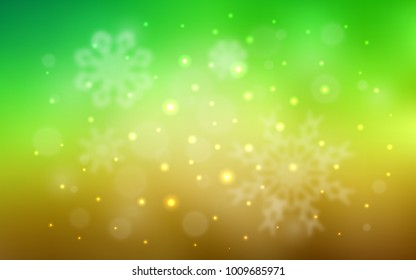 Light Green, Yellow vector background with xmas snowflakes. Decorative shining illustration with snow on abstract template. New year design for your business advert.