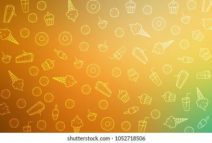Light Green, Yellow vector background with tasty sweets. Beautiful colored illustration with candies in doodle style. Pattern for menu of cafes and restaurants.
