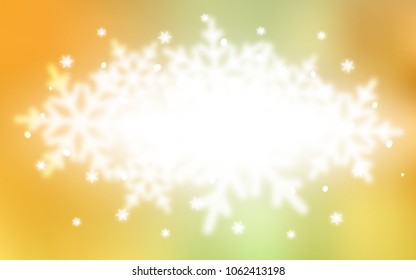Light Green, Yellow vector background with xmas snowflakes. Snow on blurred abstract background with gradient. The pattern can be used for new year leaflets.
