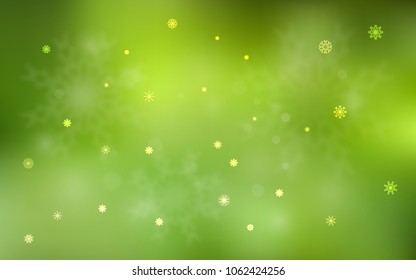 Light Green, Yellow vector background with xmas snowflakes. Shining colored illustration with snow in christmas style. The pattern can be used for new year leaflets.
