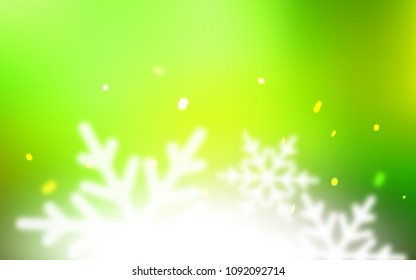 Light Green, Yellow vector background with xmas snowflakes. Snow on blurred abstract background with gradient. The pattern can be used for new year leaflets.