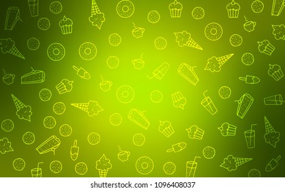 Light Green, Yellow vector background with tasty sweets. Confections on blurred abstract background with colorful gradient. Template of children's food in cafe.