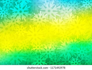 Light Green, Yellow vector background with xmas snowflakes. Decorative shining illustration with snow on abstract template. New year design for your business advert.
