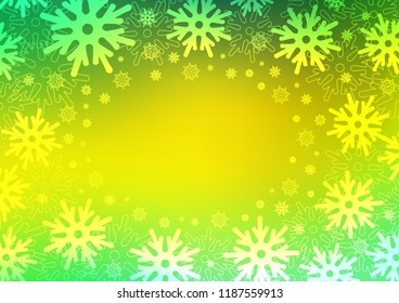 Light Green, Yellow vector background with xmas snowflakes. Snow on blurred abstract background with gradient. The template can be used as a new year background.