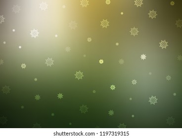 Light Green, Yellow vector background with xmas snowflakes. Blurred decorative design in xmas style with snow. The pattern can be used for year new  websites.