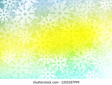 Light Green, Yellow vector background with xmas snowflakes. Blurred decorative design in xmas style with snow. The template can be used as a new year background.