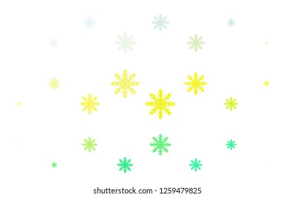 Light Green, Yellow vector background with xmas snowflakes. Decorative shining illustration with snow on abstract template. The template can be used as a new year background.