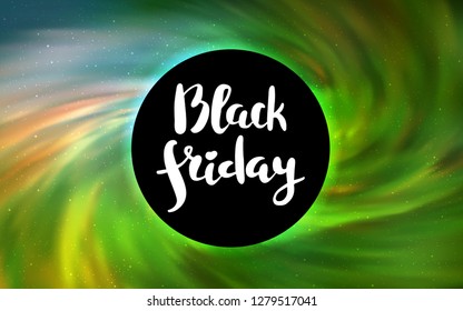 Light Green, Yellow vector background with a black hole, sky. Illustration with colorful milky way stars and a black hole. Backdrop for ads, leaflets of Black Friday.