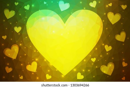 Light Green, Yellow vector  background with Shining hearts. Glitter abstract illustration with colorful hearts in romantic style. Design for ad, poster, banner of Valentine Day.