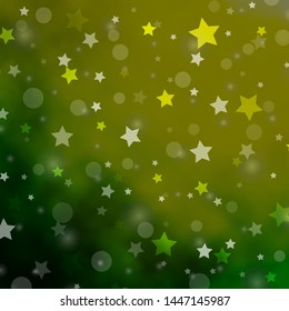 Light Green, Yellow vector background with circles, stars. Colorful illustration with gradient dots, stars. Design for wallpaper, fabric makers.