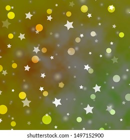 Light Green, Yellow vector background with circles, stars. Colorful disks, stars on simple gradient background. Template for business cards, websites.