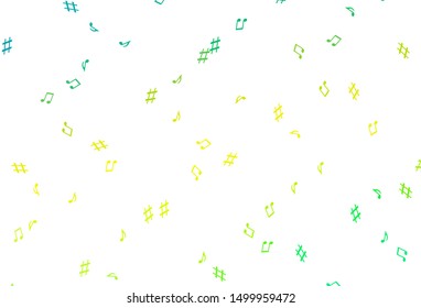 Light Green, Yellow vector background with music symbols. Decorative design in abstract style with music shapes. Pattern for websites of musitians.