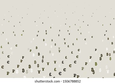 Light Green, Yellow vector background with signs of currency. Shining colored illustration with currency signs. Pattern for financial, investment websites.