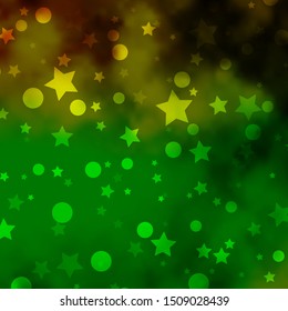 Light Green, Yellow vector background with circles, stars. Abstract design in gradient style with bubbles, stars. Pattern for trendy fabric, wallpapers.