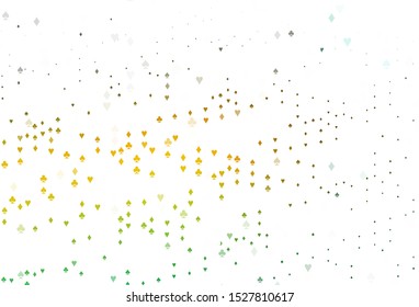 Light Green, Yellow vector background with cards signs. Colored illustration with hearts, spades, clubs, diamonds. Pattern for leaflets of poker games, events.