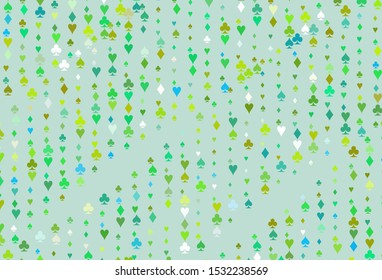 Light Green, Yellow vector background with cards signs. Blurred decorative design of hearts, spades, clubs, diamonds. Pattern for ads of parties, events in Vegas.