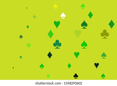 Light Green, Yellow vector background with cards signs. Colorful gradient with signs of hearts, spades, clubs, diamonds. Design for ad, poster, banner of gambling websites.