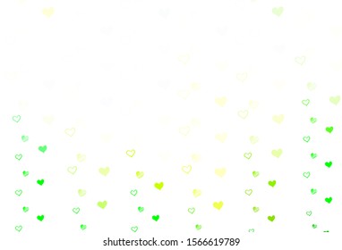 Light Green, Yellow vector background with hearts. Hearts on blurred abstract background with colorful gradient. Template for Valentine's greeting postcards.