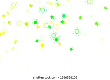 Light Green, Yellow vector background with colorful stars, suns. Shining illustration with stars, suns on abstract template. Pattern for astrology websites.
