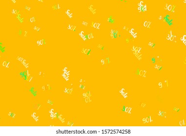 Light Green, Yellow vector background with symbols of 30, 50, 90 % sales. Shining colorful illustration with isolated selling prices. Backdrop for super sales on Black Friday.