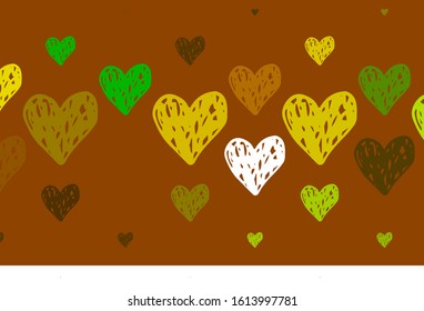 Light Green, Yellow vector background with Shining hearts. Illustration with shapes of gradient hearts on blur backdrop. Template for Valentine's greeting postcards.