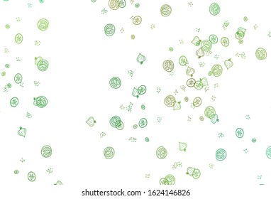 Light Green, Yellow vector background with tasty food. Glitter abstract sketch with gourmet food. Doodle design for your business advert of cafes.