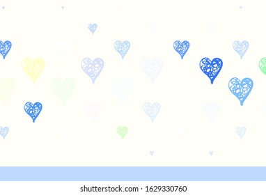 Light Green, Yellow vector background with Shining hearts. Illustration with shapes of gradient hearts on blur backdrop. Pattern for valentine's ad, booklets.