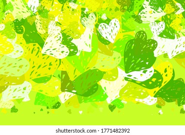Light Green, Yellow vector background with hearts. Illustration with shapes of gradient hearts on blur backdrop. Template for Valentine's greeting postcards.