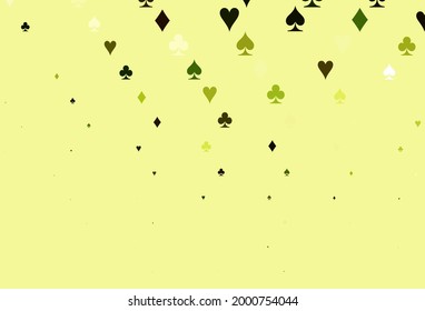 Light Green, Yellow vector background with cards signs. Colorful gradient with signs of hearts, spades, clubs, diamonds. Pattern for ads of parties, events in Vegas.