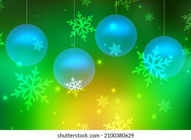 Verde claro, fondo vectorial amarillo en estilo navideño. Ilustración con coloridos copos de nieve y bolas de Navidad. Mejor diseño para un afiche de la universidad, pancarta.