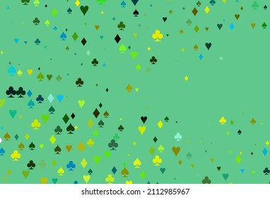Light Green, Yellow vector background with cards signs. Shining illustration with hearts, spades, clubs, diamonds. Template for business cards of casinos.