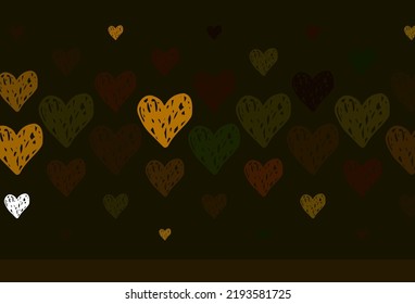 Hellgrüner, gelber Vektorhintergrund mit leuchtenden Herzen. Dekoratives Design mit Herzen in einfachem Stil . Vorlage für Valentins Grußkarten.