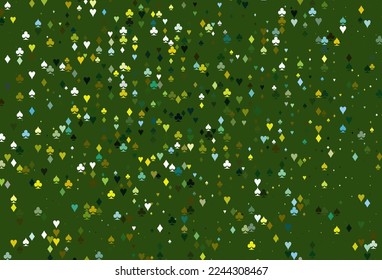 Light Green, Yellow vector background with cards signs. Glitter abstract sketch with isolated symbols of playing cards. Design for ad, poster, banner of gambling websites.