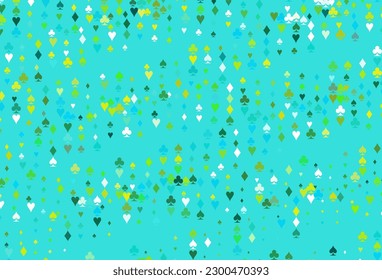 Light Green, Yellow vector background with cards signs. Shining illustration with hearts, spades, clubs, diamonds. Pattern for ads of parties, events in Vegas.