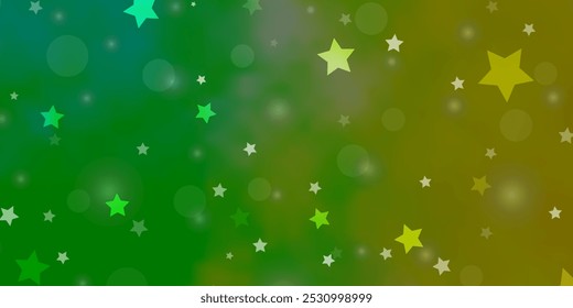 Verde claro, fondo de Vector amarillo con círculos, estrellas. Ilustración Abstractas con manchas de colores, estrellas. Textura para persianas, cortinas.