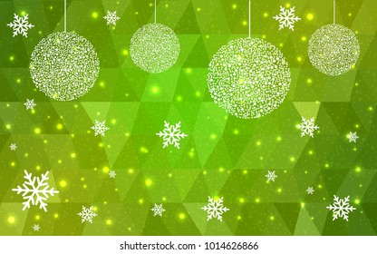 Light Green Yellow vector christmas polygon background. Low poly Illustration consisting of triangles with snowflakes. Texture, seamless background of New Year celebration.