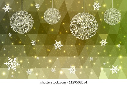 Light Green Yellow vector christmas polygon background. Low poly Illustration consisting of triangles with snowflakes. Texture, seamless background of New Year celebration.