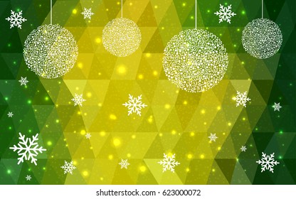 Light Green, Yellow vector christmas postcard low polygon background. Illustration consisting of triangles. Abstract triangular polygonal origami or crystal design of New Year celebration.