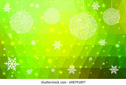 Light Green Yellow vector christmas polygon background. Low poly Illustration consisting of triangles with snowflakes. Texture, seamless background of New Year celebration.