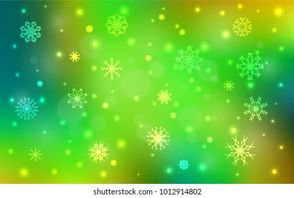 Light Green, Yellow vector cover with beautiful snowflakes. Snow on blurred abstract background with gradient. New year design for your ad, poster, banner.