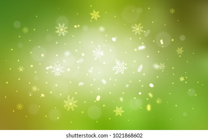 Light Green, Yellow vector cover with beautiful snowflakes. Decorative shining illustration with snow on abstract template. The template can be used as a new year background.